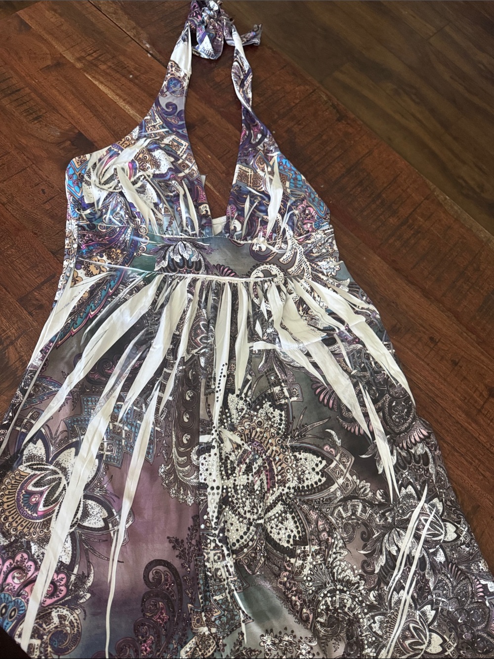S-Twelve Paisley Halter Dress in Purple, White, Teal